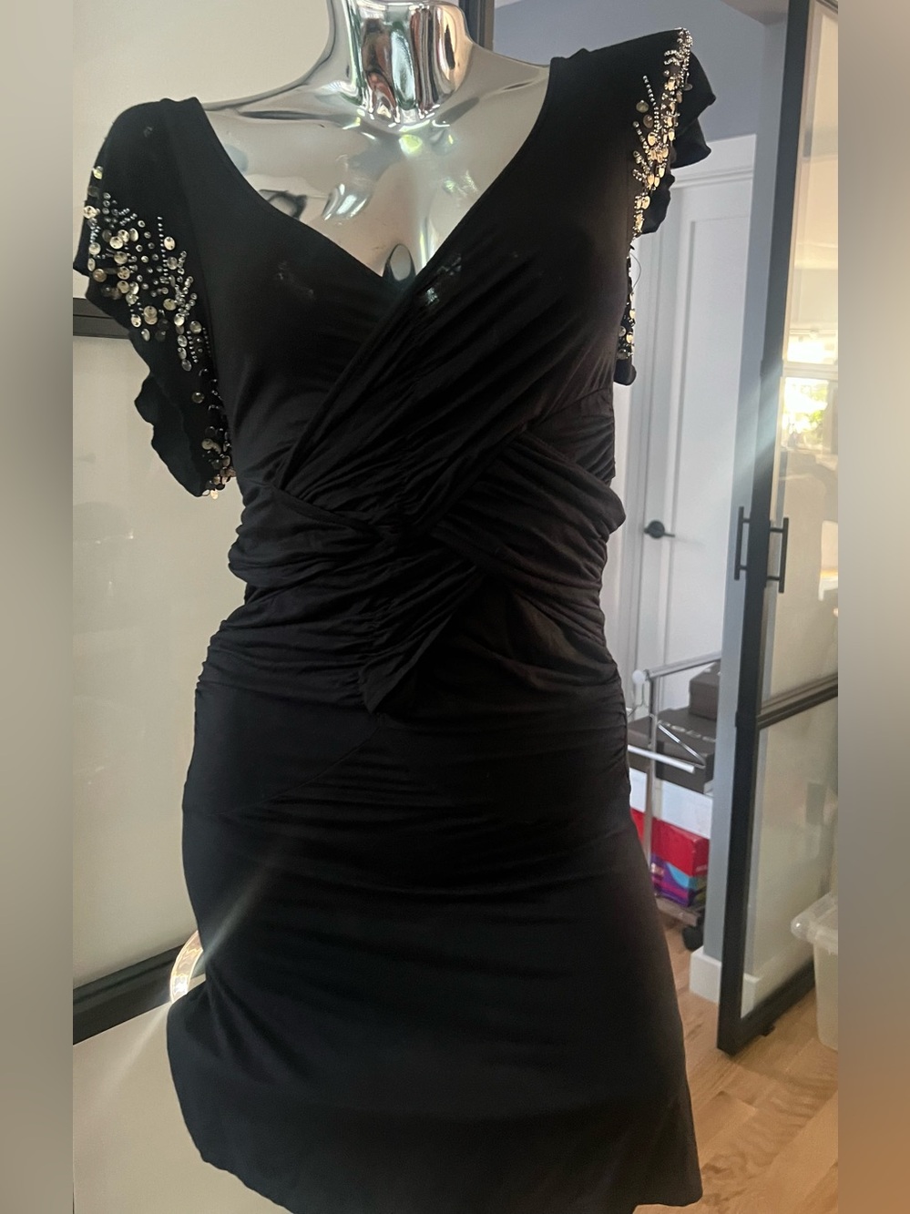 Free People Black Embellished Ruched Wrap Midi Dress